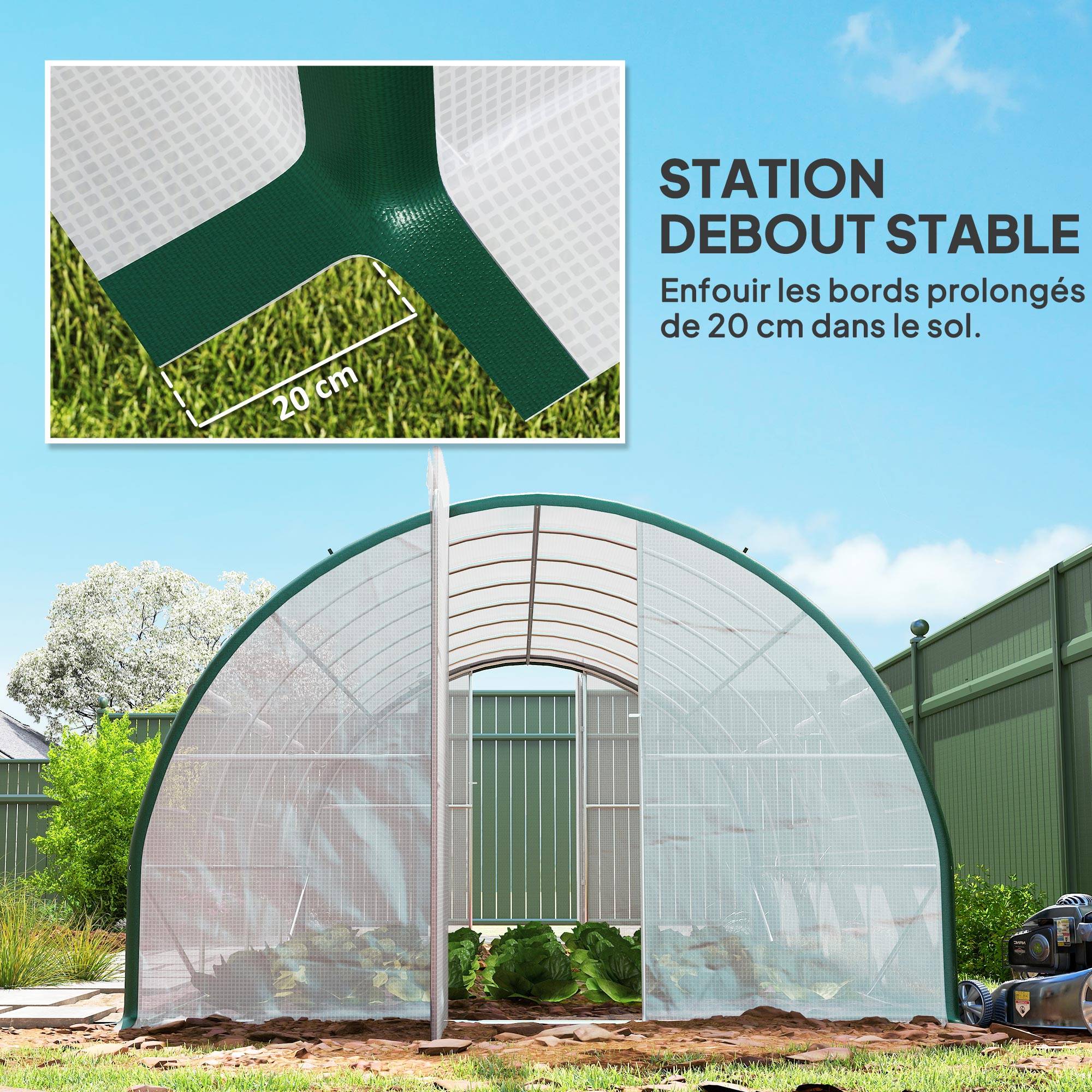 Serre tunnel de jardin 18m², serre de jardin tunnel avec portes et 8 fenêtres, bâche PE 140g/m² 600 x 300 x 200 cm blanc - Image 10