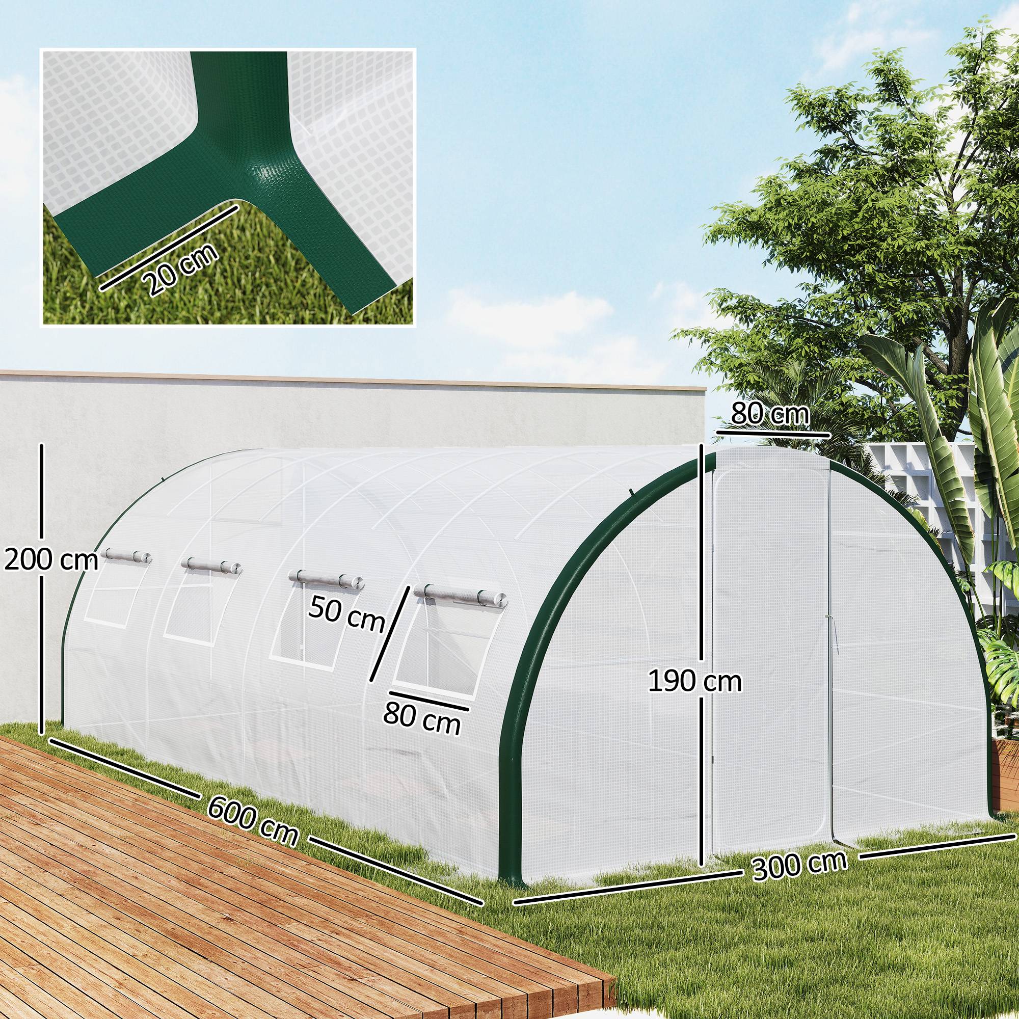 Serre tunnel de jardin 18m², serre de jardin tunnel avec portes et 8 fenêtres, bâche PE 140g/m² 600 x 300 x 200 cm blanc - Image 5