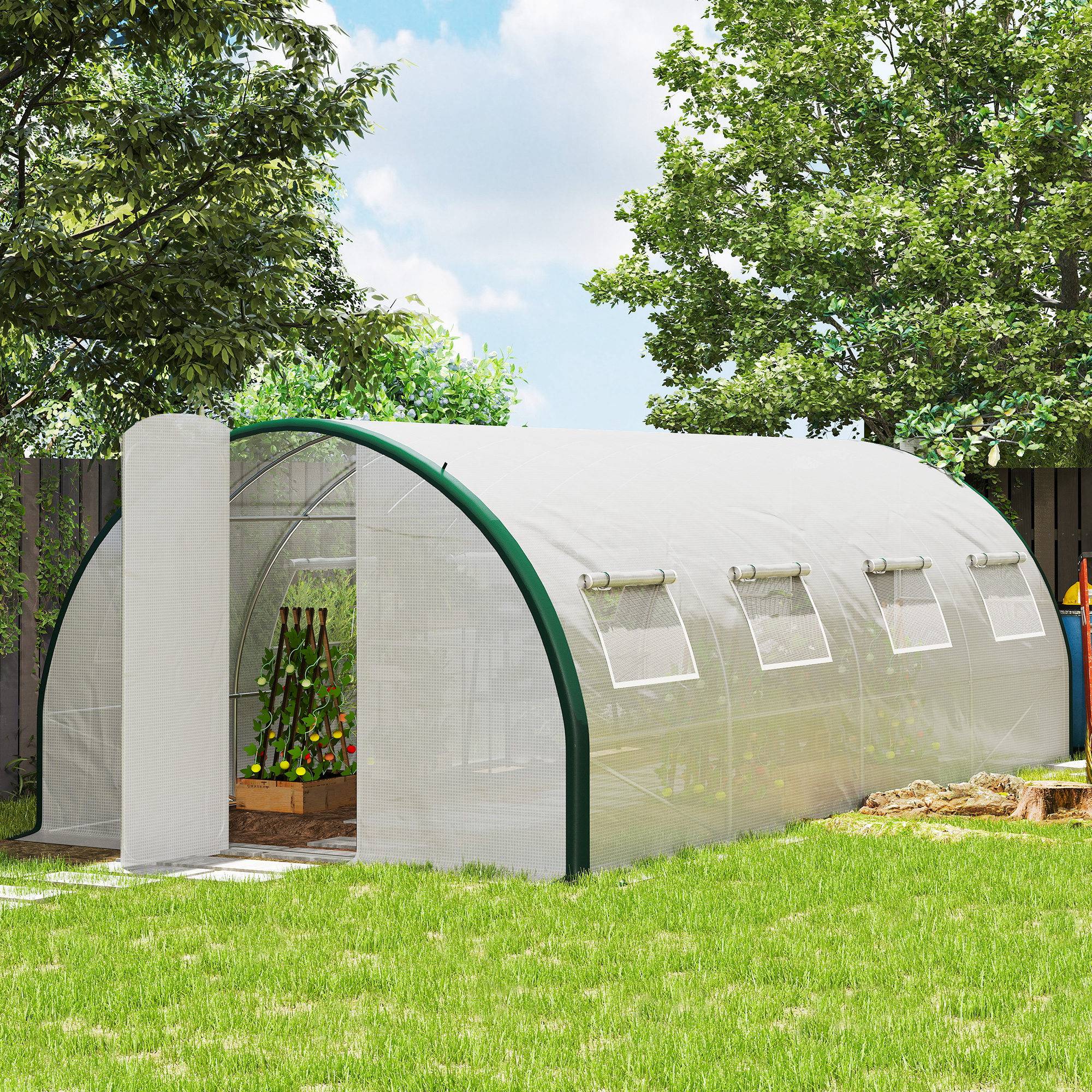 Serre tunnel de jardin 18m², serre de jardin tunnel avec portes et 8 fenêtres, bâche PE 140g/m² 600 x 300 x 200 cm blanc - Image 3