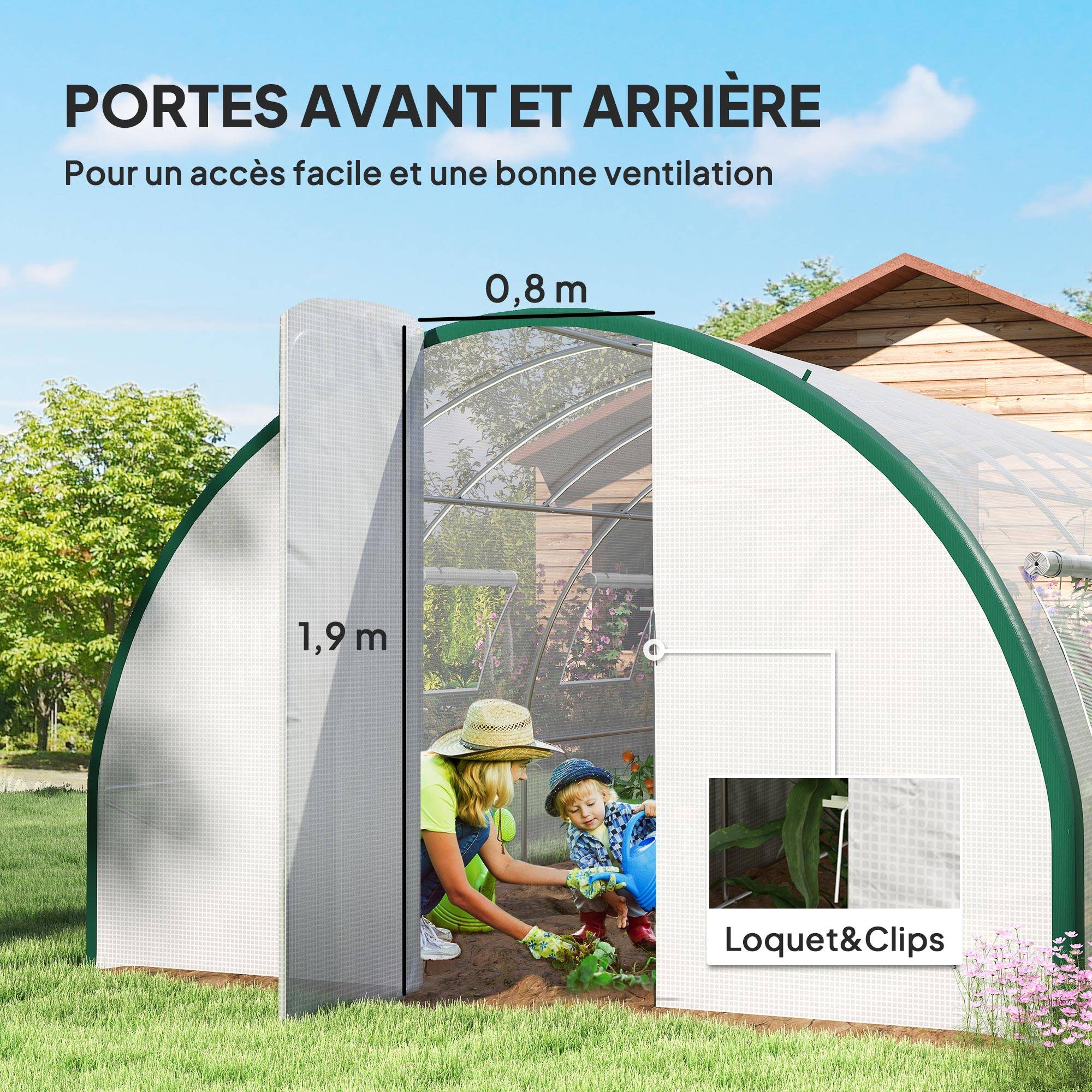 Serre tunnel de jardin 18m², serre de jardin tunnel avec portes et 8 fenêtres, bâche PE 140g/m² 600 x 300 x 200 cm blanc - Image 8