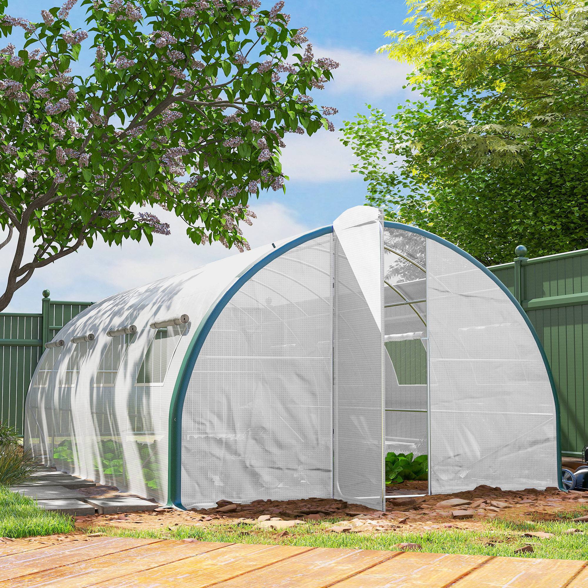 Serre tunnel de jardin 18m², serre de jardin tunnel avec portes et 8 fenêtres, bâche PE 140g/m² 600 x 300 x 200 cm blanc - Image 4