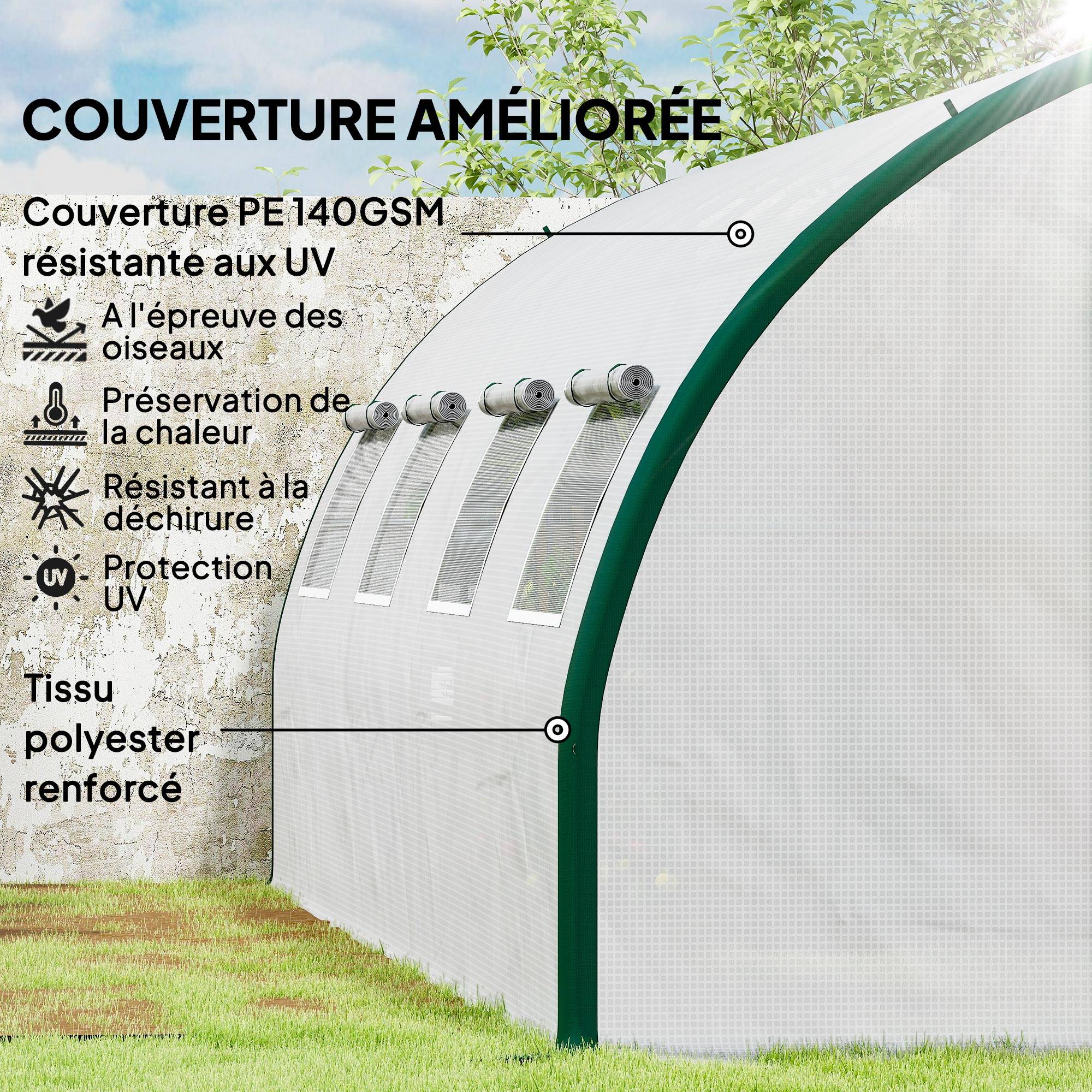 Serre tunnel de jardin 18m², serre de jardin tunnel avec portes et 8 fenêtres, bâche PE 140g/m² 600 x 300 x 200 cm blanc - Image 6