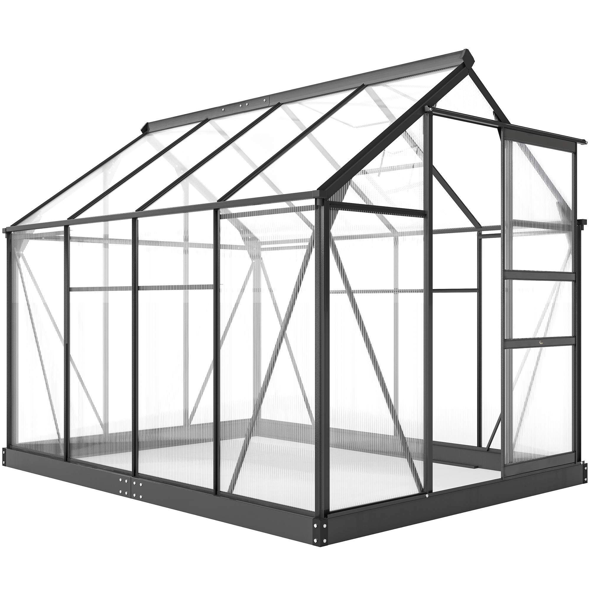 Serre polycarbonate et aluminium, porte coulissante, prise d'air et gouttière, 190x252x201 cm, grise - Image 1