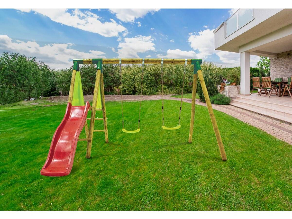 Portique En Bois "balanga" - Avec 1 Toboggan Et 2 Balançoires. -habitat Et Jardin - Image 2