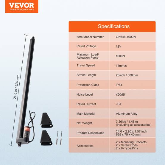 VEVOR Actionneur linéaire 12V, course 500mm, 1000N, 14mm/s, IP54, pour meubles, automatisation. - Image 7