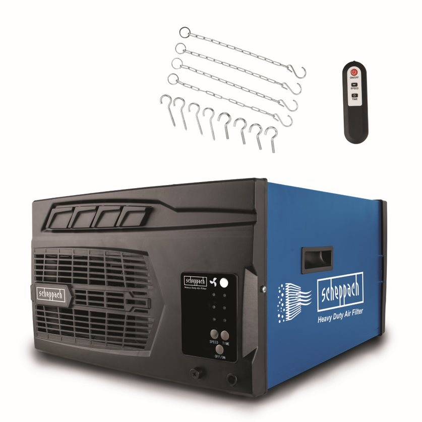 Scheppach - Purificateur d'air HDA-14 - 740 m³/h de capacité - 3 Niveaux de Filtration jusqu'à 1 μm - Contrôle à distance & Suspension murale - Pour atelier jusqu