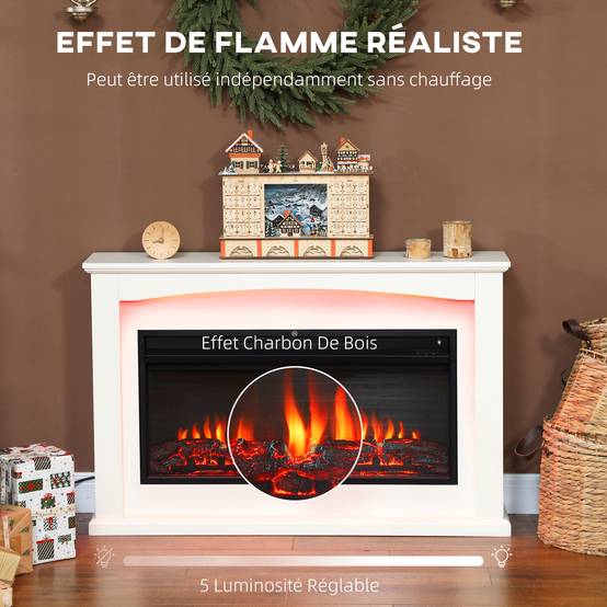 Cheminée électrique 1000W/2000W, fausse cheminée décorative, effet flamme à 5 luminosités réglables, 121x25x77cm, blanc - Image 6