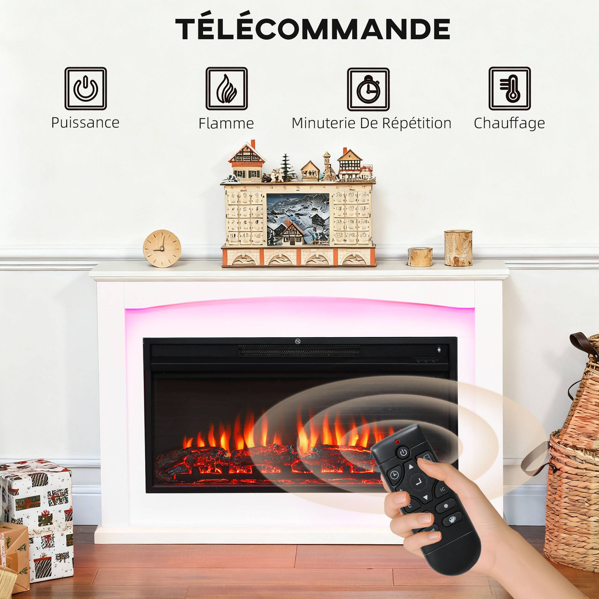 Cheminée électrique 1000W/2000W, fausse cheminée décorative, effet flamme à 5 luminosités réglables, 121x25x77cm, blanc - Image 8