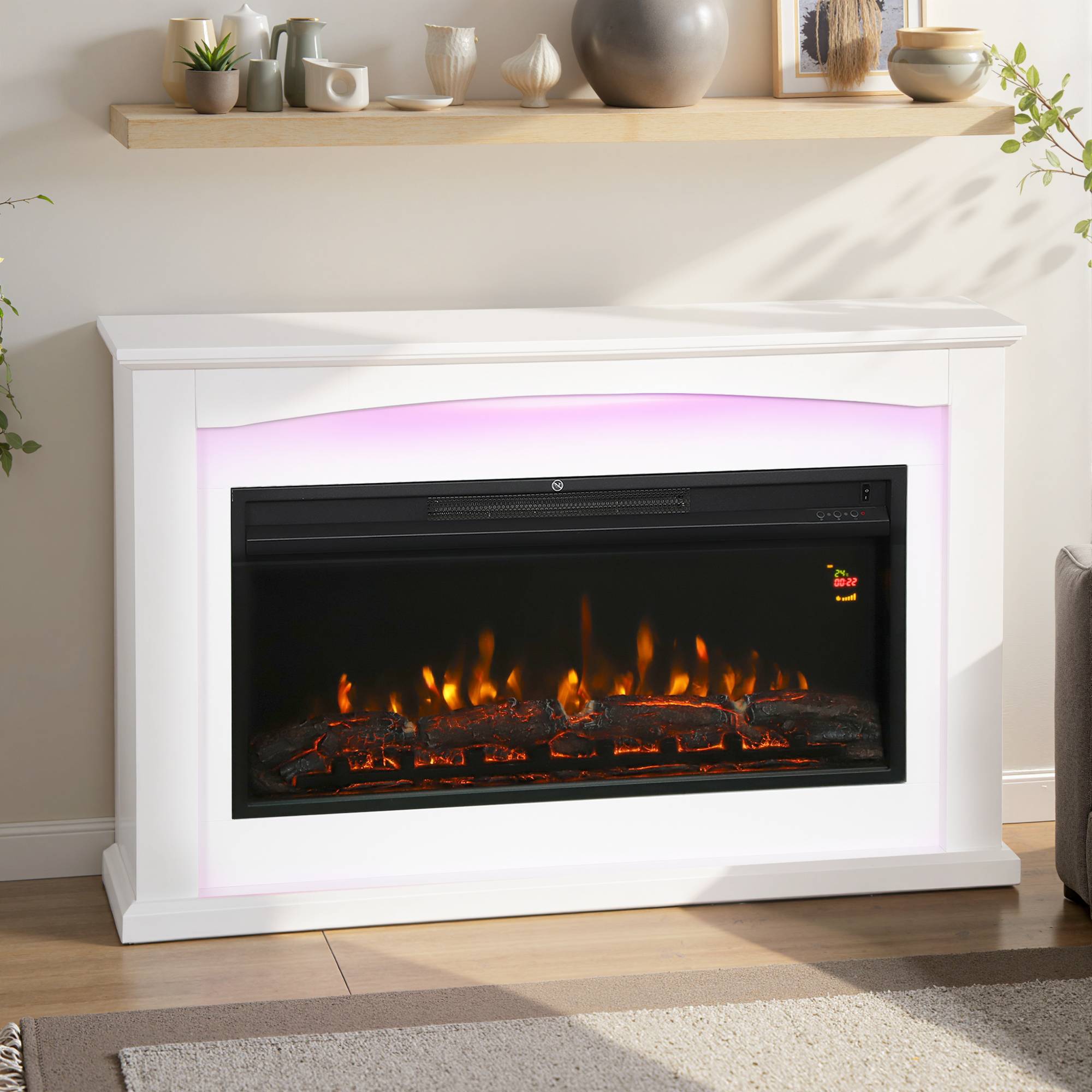 Cheminée électrique 1000W/2000W, fausse cheminée décorative, effet flamme à 5 luminosités réglables, 121x25x77cm, blanc - Image 10