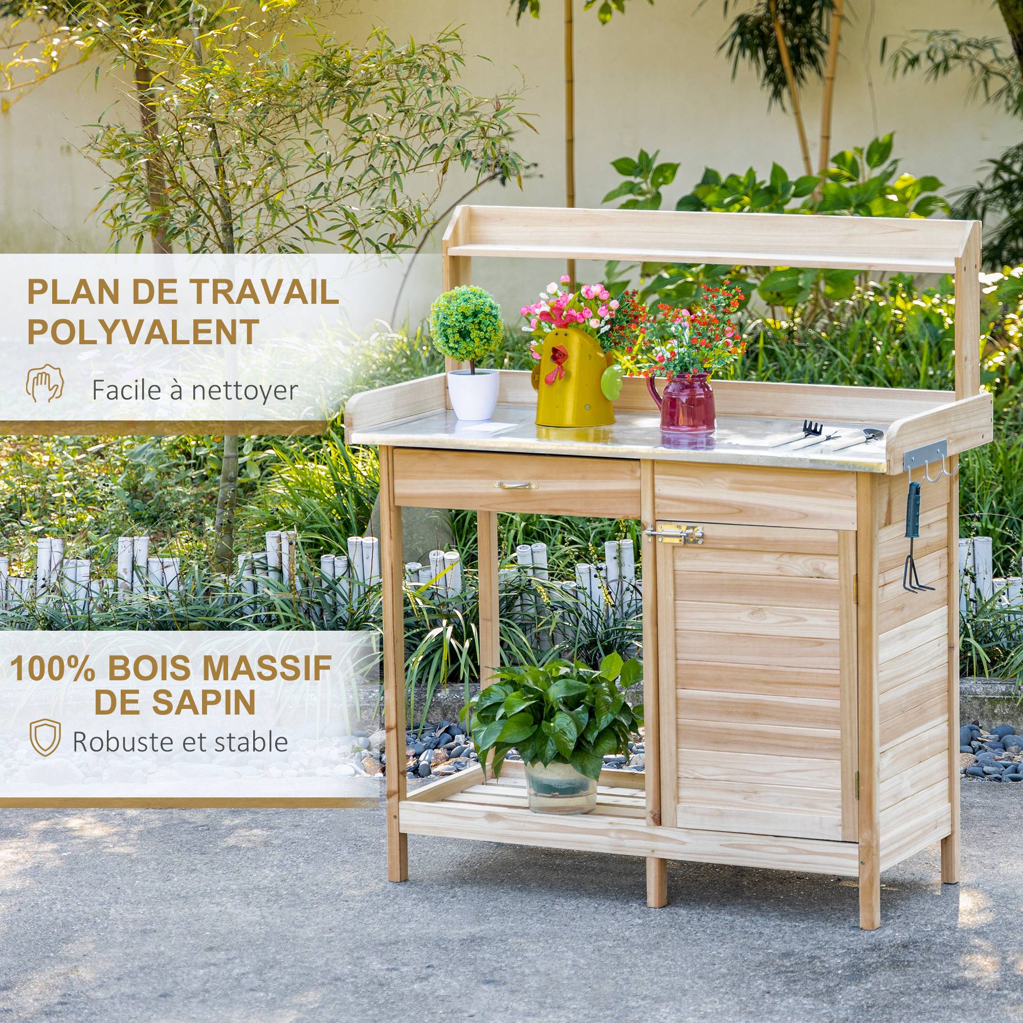 ComfortXL - Table de rempotage bois de sapin naturel 112 x 48 x 125 cm jardinage plateau galvanisé - ComfortXL Outdoor Living - Image 8