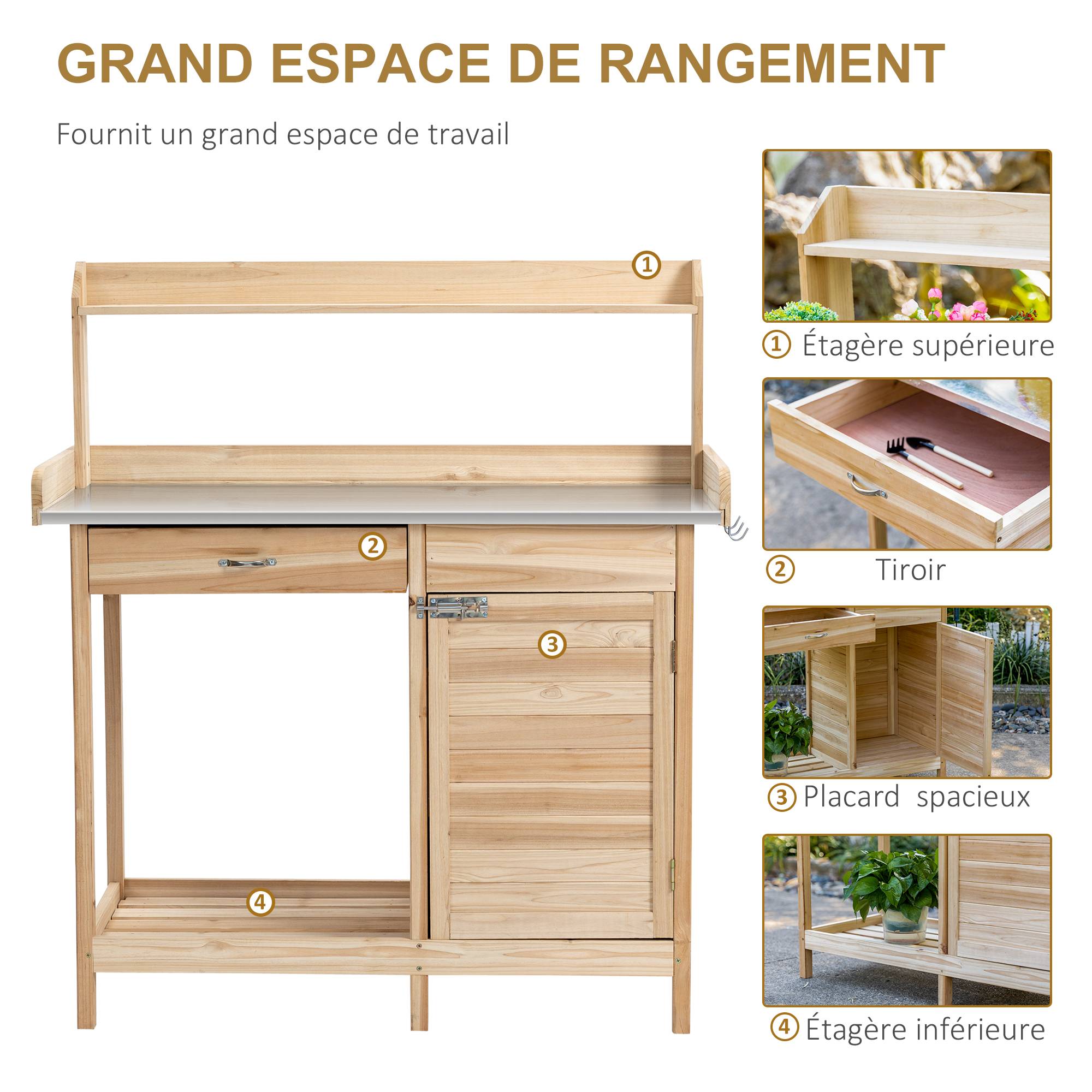 ComfortXL - Table de rempotage bois de sapin naturel 112 x 48 x 125 cm jardinage plateau galvanisé - ComfortXL Outdoor Living - Image 6