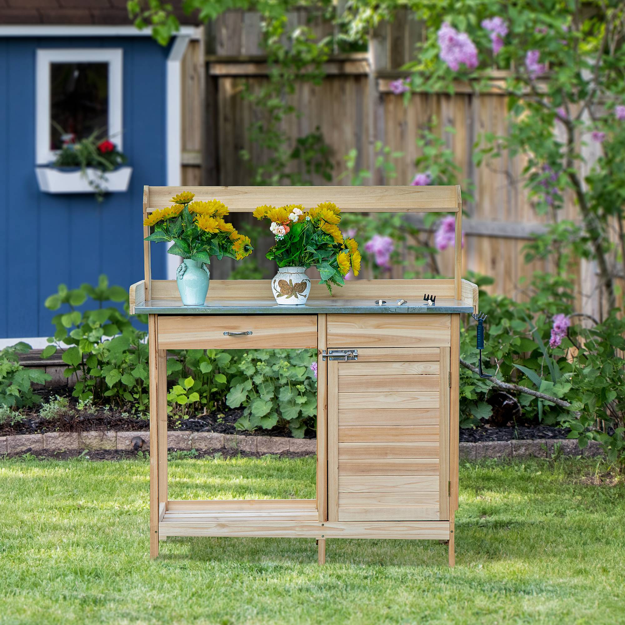 ComfortXL - Table de rempotage bois de sapin naturel 112 x 48 x 125 cm jardinage plateau galvanisé - ComfortXL Outdoor Living - Image 3