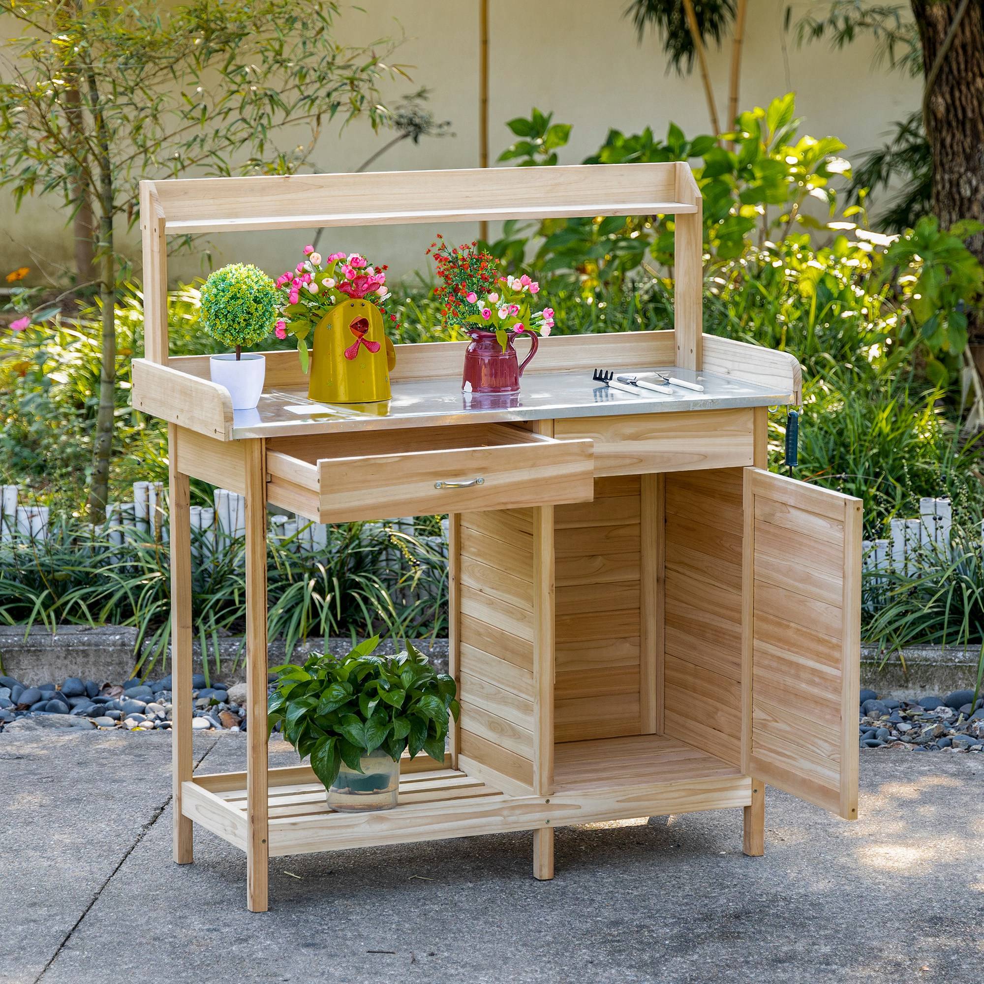 ComfortXL - Table de rempotage bois de sapin naturel 112 x 48 x 125 cm jardinage plateau galvanisé - ComfortXL Outdoor Living - Image 9