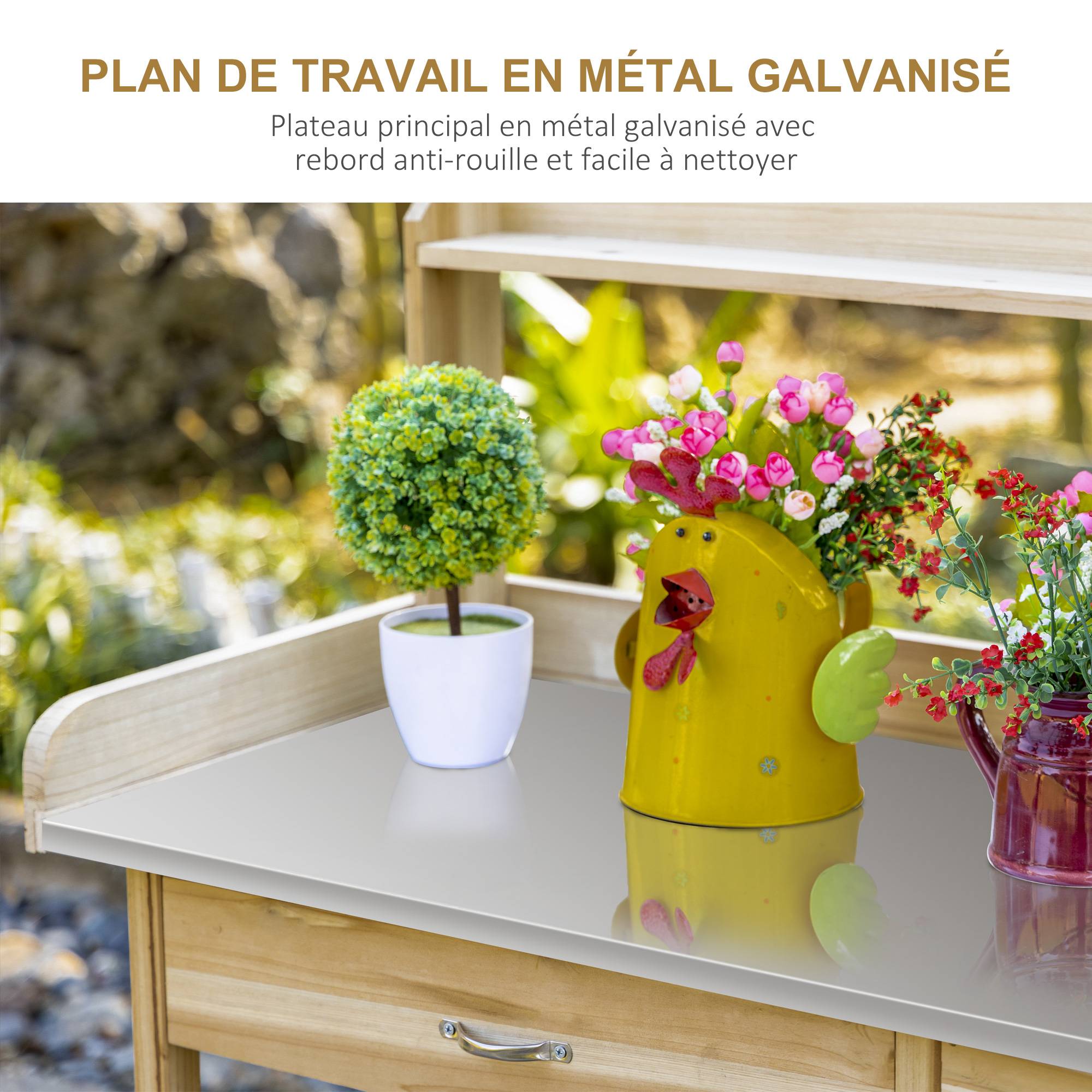ComfortXL - Table de rempotage bois de sapin naturel 112 x 48 x 125 cm jardinage plateau galvanisé - ComfortXL Outdoor Living - Image 5