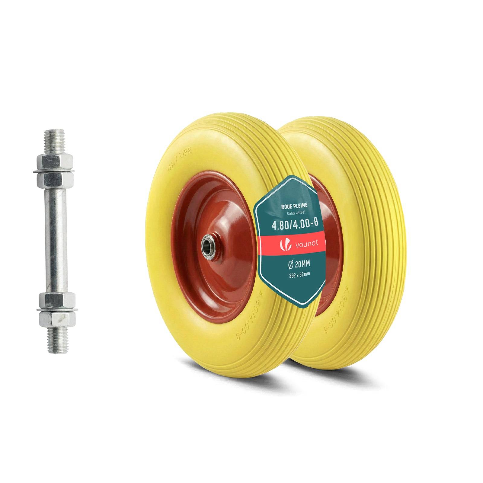 Vounot - Lot de 2 Roue increvable 4.80/4.00-8 en PU pour brouette diable alesage 20mm 392x92 mm Jaune - Image 1