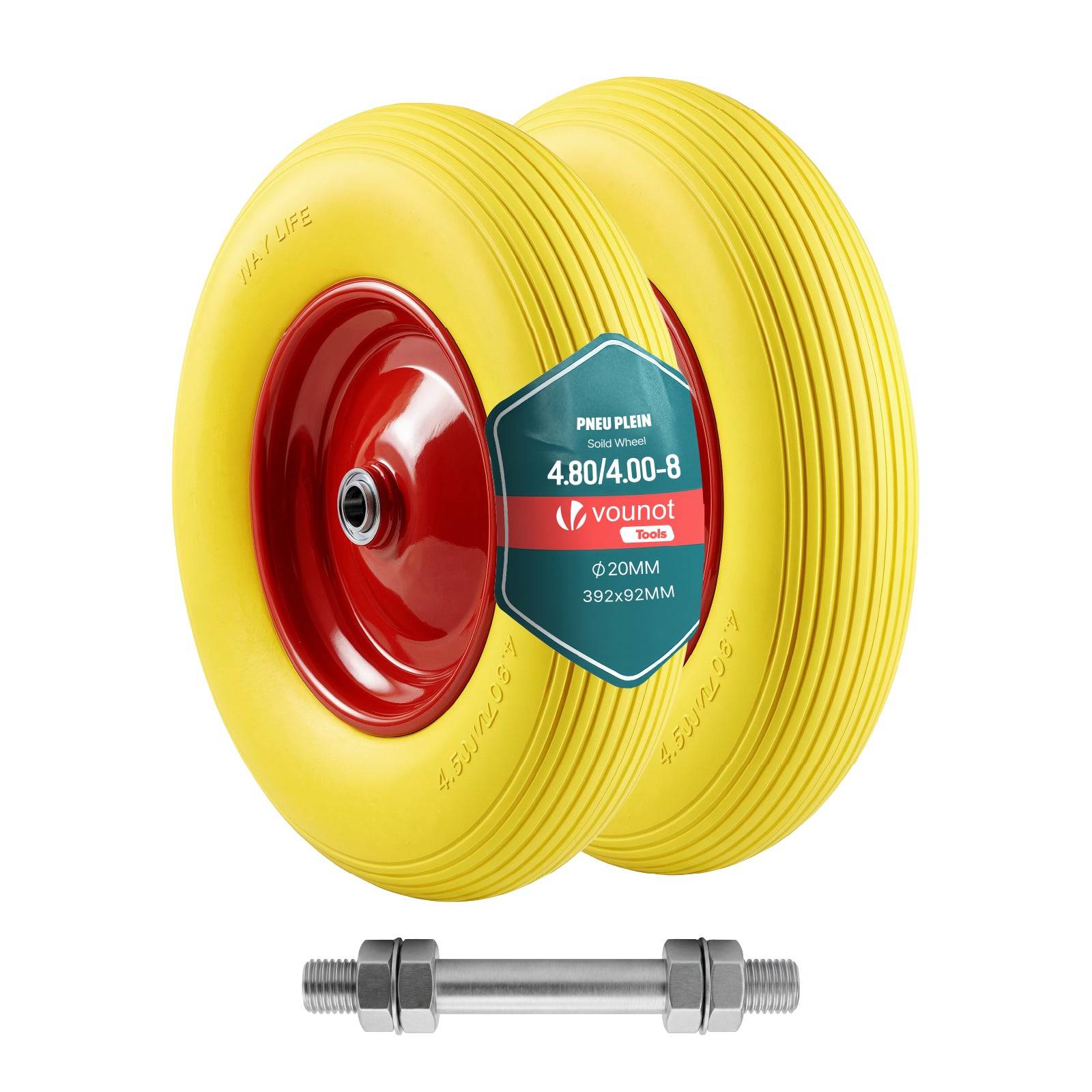 Vounot - Lot de 2 Roue increvable 4.80/4.00-8 en PU pour brouette diable alesage 20mm 392x92 mm Jaune - Image 1