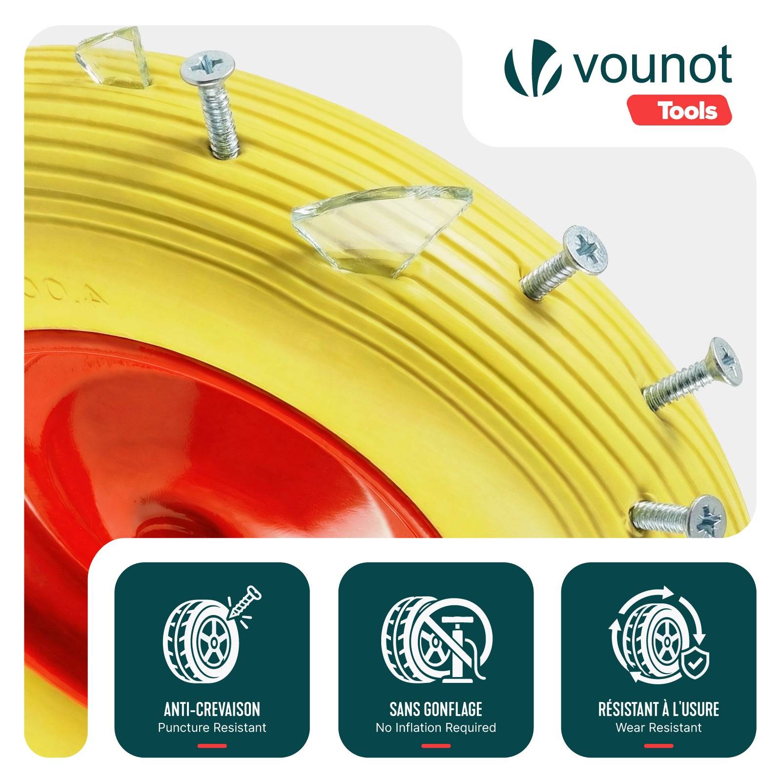 Vounot - Lot de 2 Roue increvable 4.80/4.00-8 en PU pour brouette diable alesage 20mm 392x92 mm Jaune - Image 5