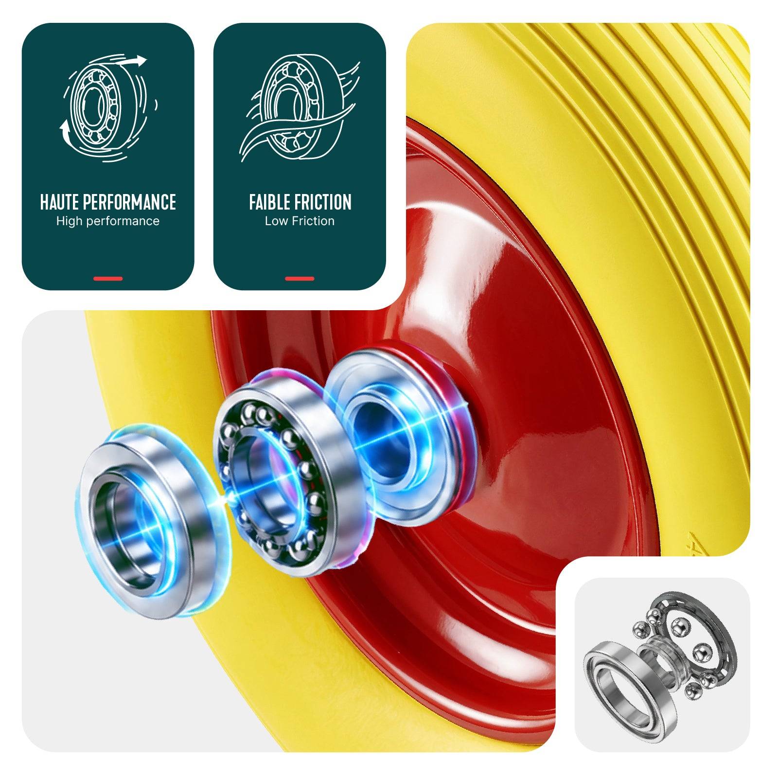 Vounot - Lot de 2 Roue increvable 4.80/4.00-8 en PU pour brouette diable alesage 20mm 392x92 mm Jaune - Image 4