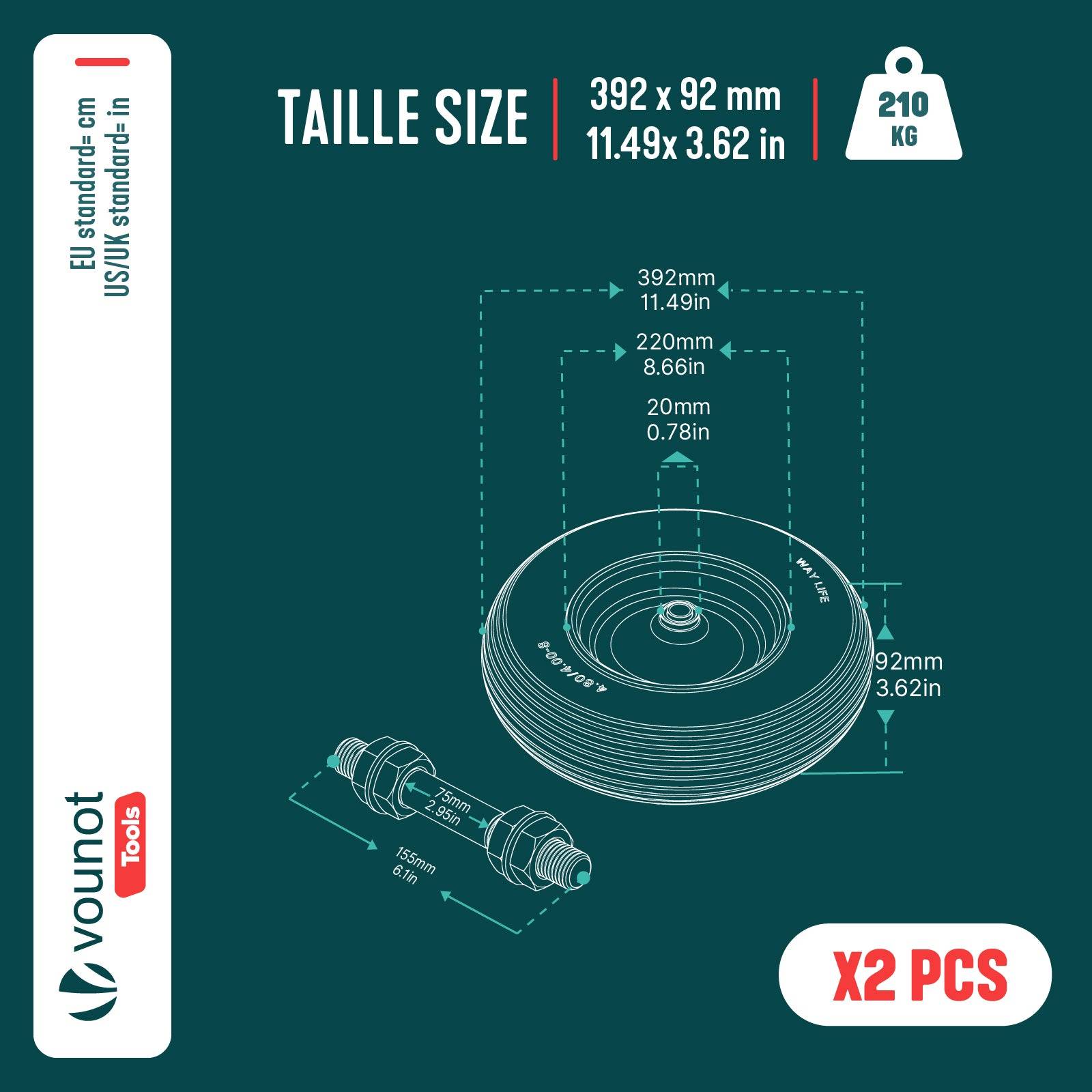 Vounot - Lot de 2 Roue increvable 4.80/4.00-8 en PU pour brouette diable alesage 20mm 392x92 mm Jaune - Image 3