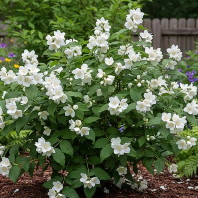 Seringat des jardins Manteau d'Hermine, Philadelphus à fleurs Blanche - feuillage Caduc - Pot de 4L - 40/60 cm-  hauteur à maturité De 2,50 m à 3,00 m - Image 4