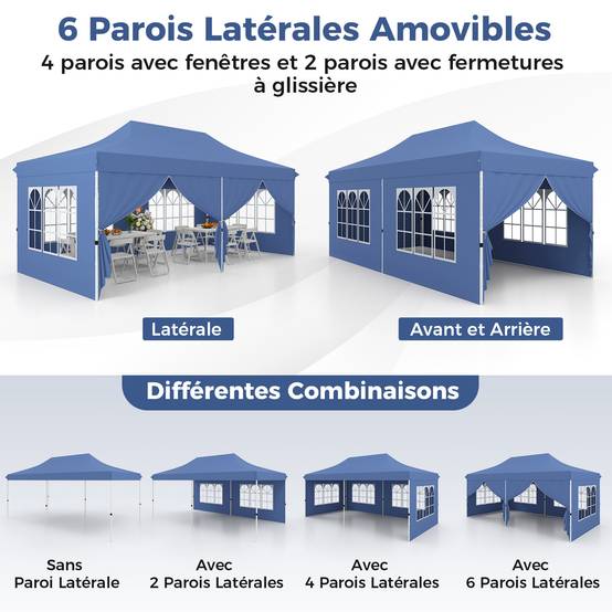 Costway - Tonnelle de Jardin 3x6M Tente de Reception avec 6 Parois Latérales Amovibles, Sac de Transport Protection Solaire pour Fête Mariage BBQ, Bleu - Image 5