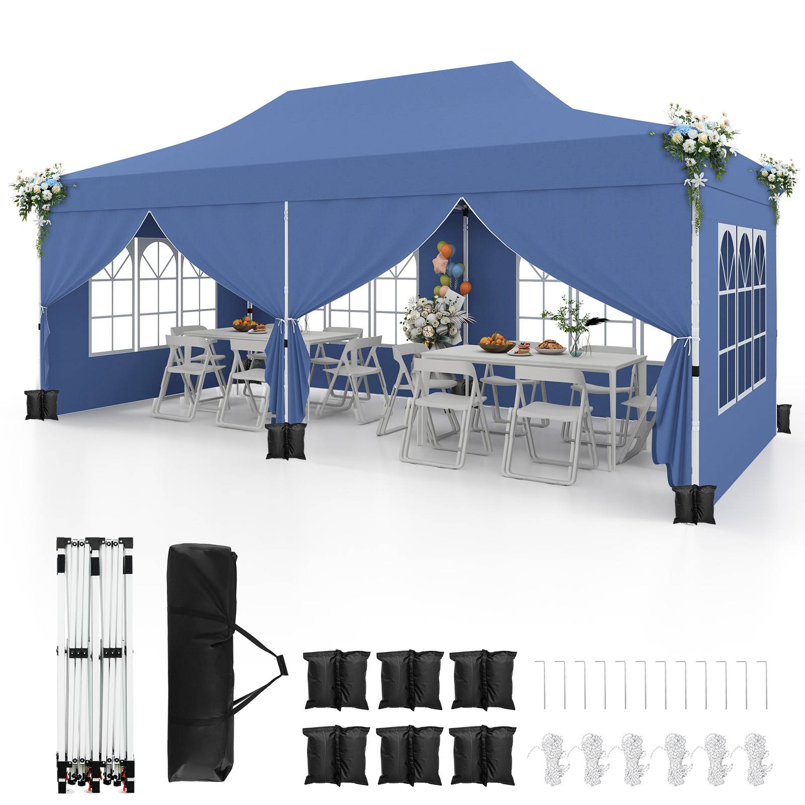 Costway - Tonnelle de Jardin 3x6M Tente de Reception avec 6 Parois Latérales Amovibles, Sac de Transport Protection Solaire pour Fête Mariage BBQ, Bleu - Image 1