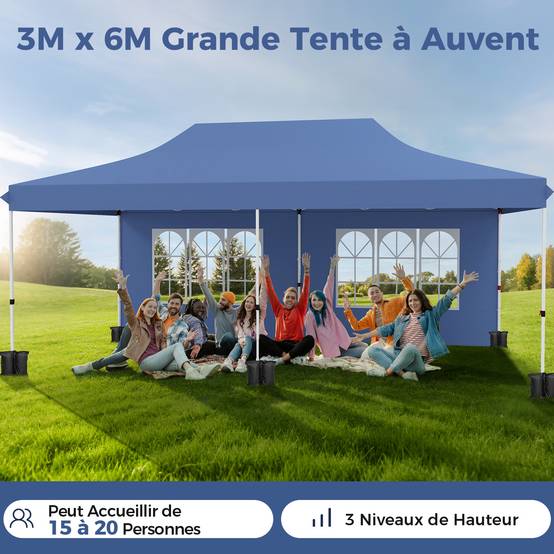 Costway - Tonnelle de Jardin 3x6M Tente de Reception avec 6 Parois Latérales Amovibles, Sac de Transport Protection Solaire pour Fête Mariage BBQ, Bleu - Image 3