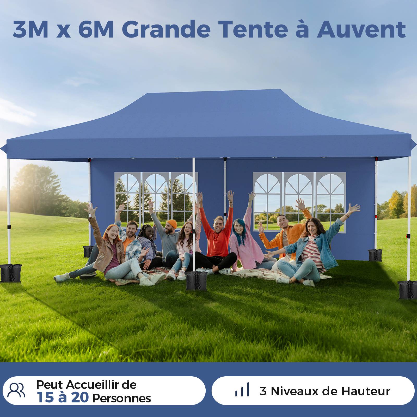 Costway - Tonnelle de Jardin 3x6M Tente de Reception avec 6 Parois Latérales Amovibles, Sac de Transport Protection Solaire pour Fête Mariage BBQ, Bleu - Image 3