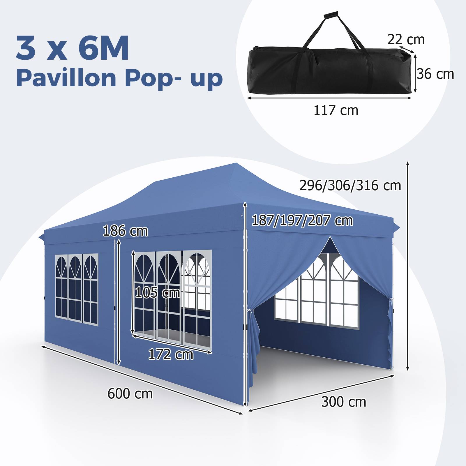 Costway - Tonnelle de Jardin 3x6M Tente de Reception avec 6 Parois Latérales Amovibles, Sac de Transport Protection Solaire pour Fête Mariage BBQ, Bleu - Image 2