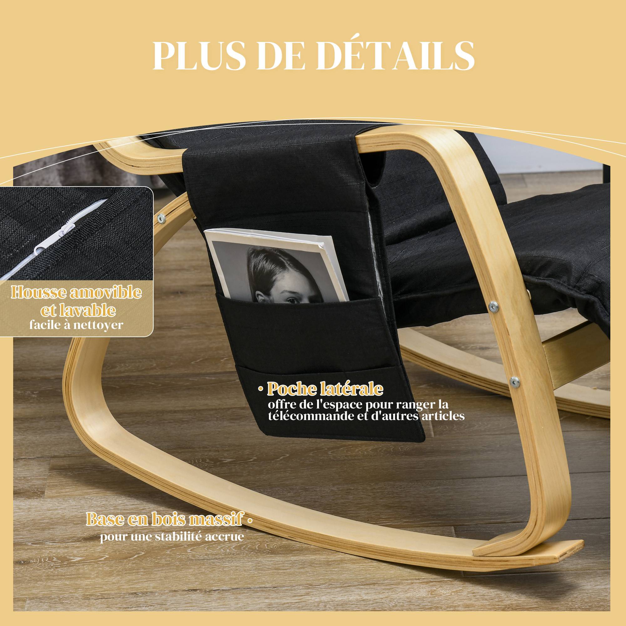 Sans Marque - Fauteuil relax à bascule fauteuil allaitement avec repose-pieds réglable, poche latérale et appui-tête, noir - Image 8
