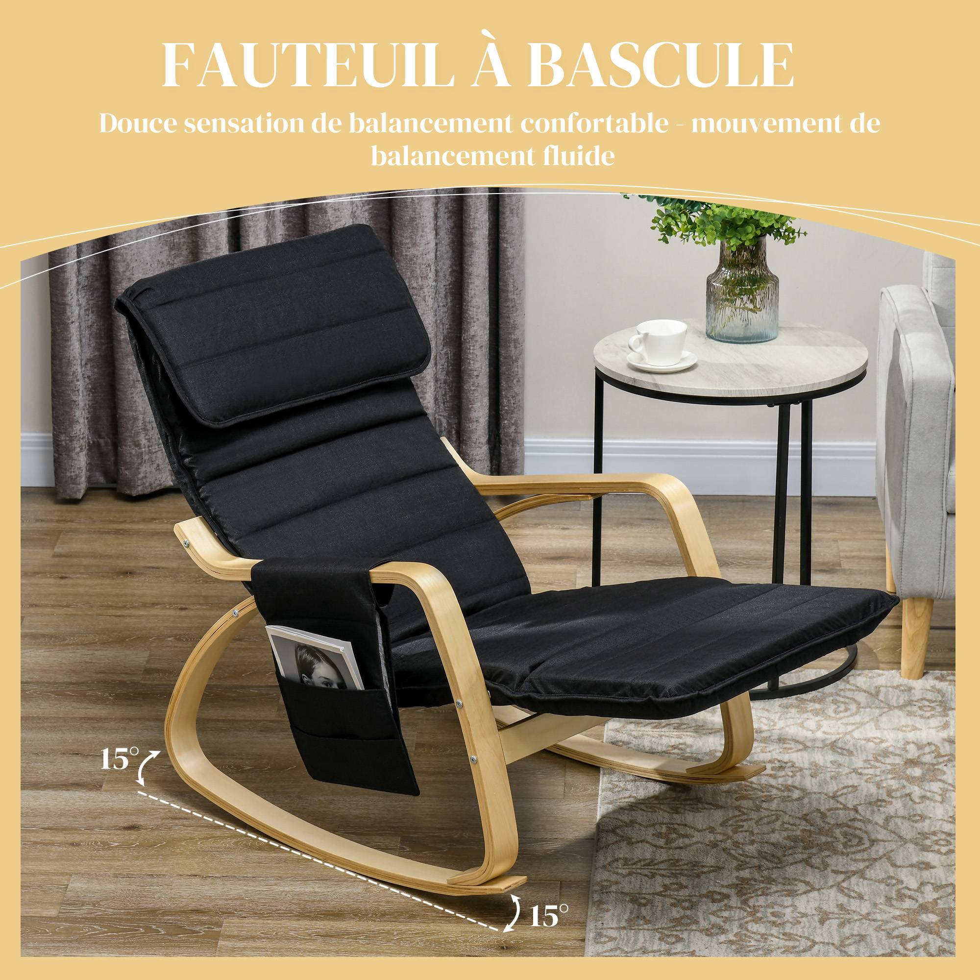 Sans Marque - Fauteuil relax à bascule fauteuil allaitement avec repose-pieds réglable, poche latérale et appui-tête, noir - Image 6