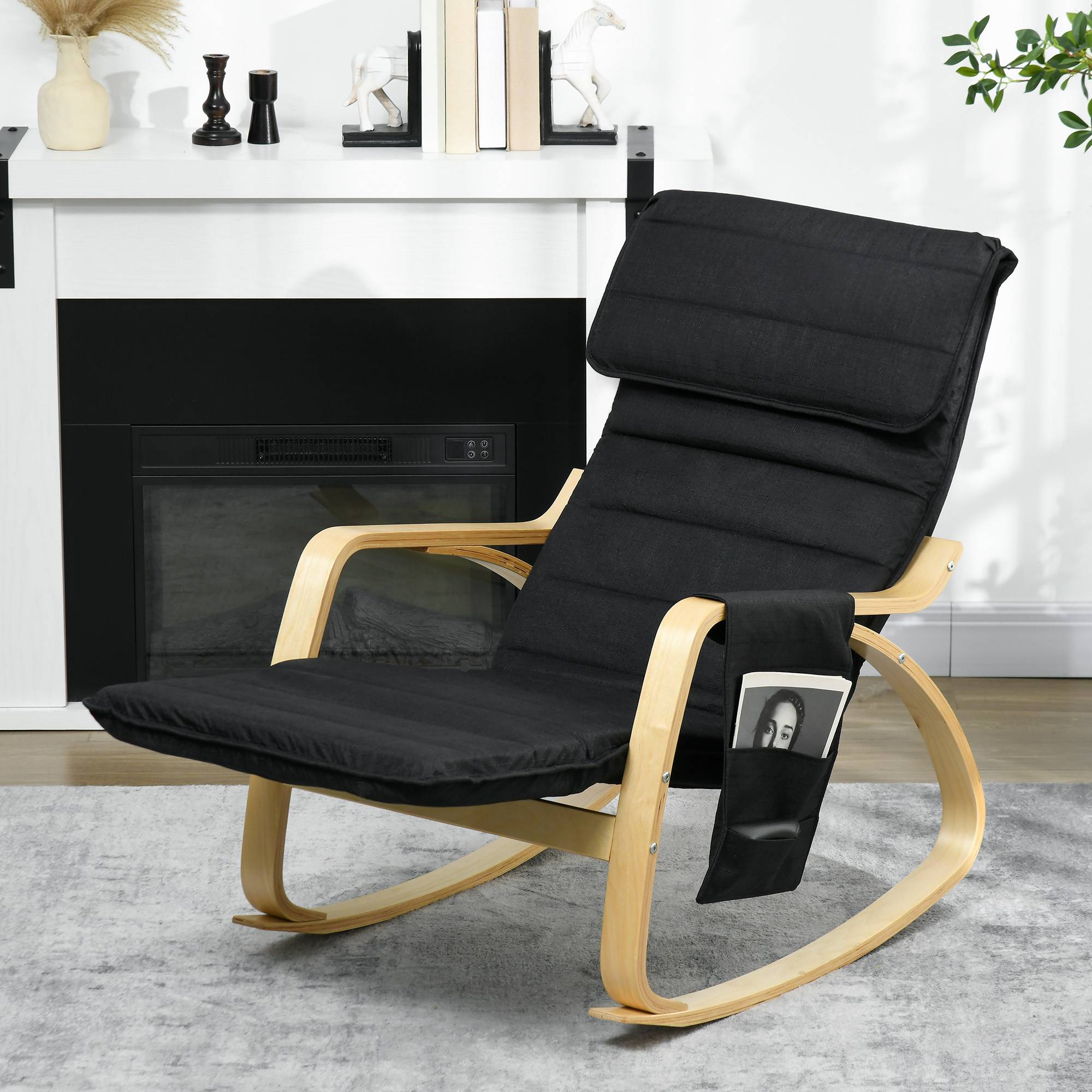 Sans Marque - Fauteuil relax à bascule fauteuil allaitement avec repose-pieds réglable, poche latérale et appui-tête, noir - Image 4