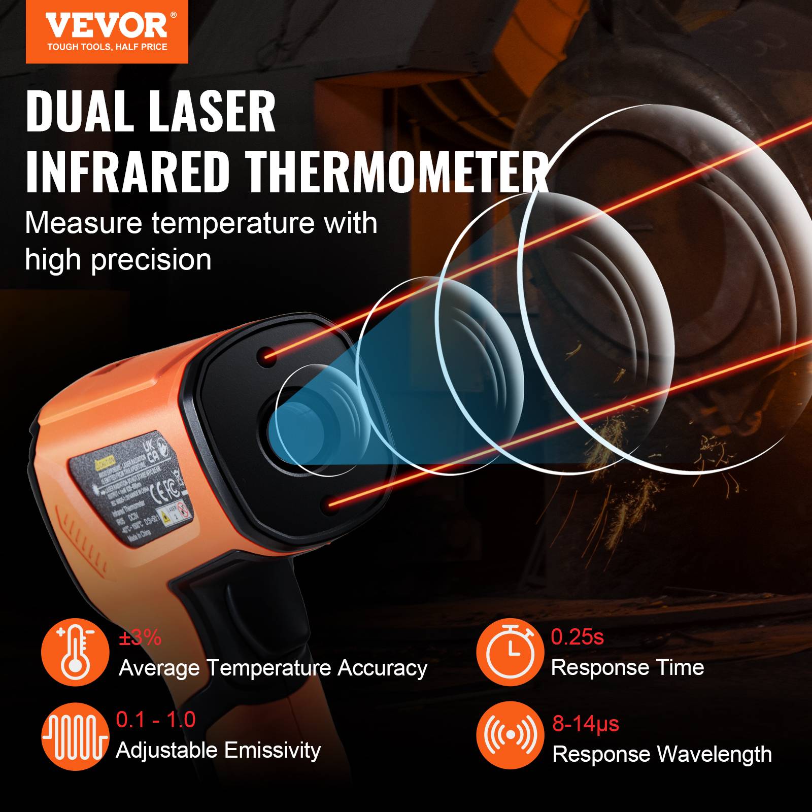 VEVOR Thermomètre infrarouge double laser 50:1, -40°C~1500°C. Émissivité réglable, pour métaux, cuisson. - Image 2