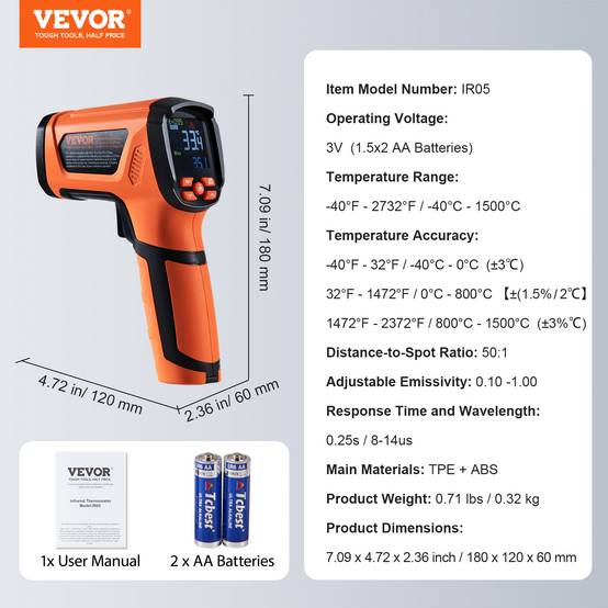 VEVOR Thermomètre infrarouge double laser 50:1, -40°C~1500°C. Émissivité réglable, pour métaux, cuisson. - Image 7