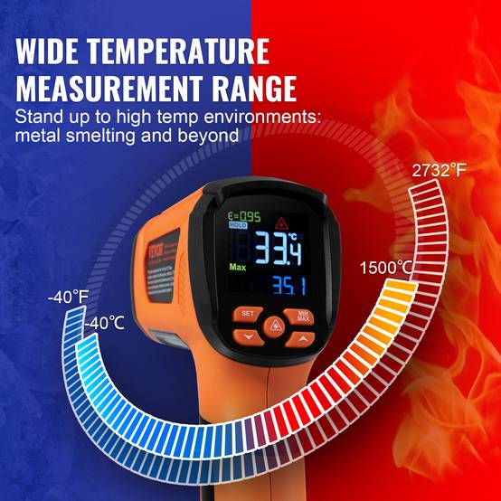 VEVOR Thermomètre infrarouge double laser 50:1, -40°C~1500°C. Émissivité réglable, pour métaux, cuisson. - Image 3