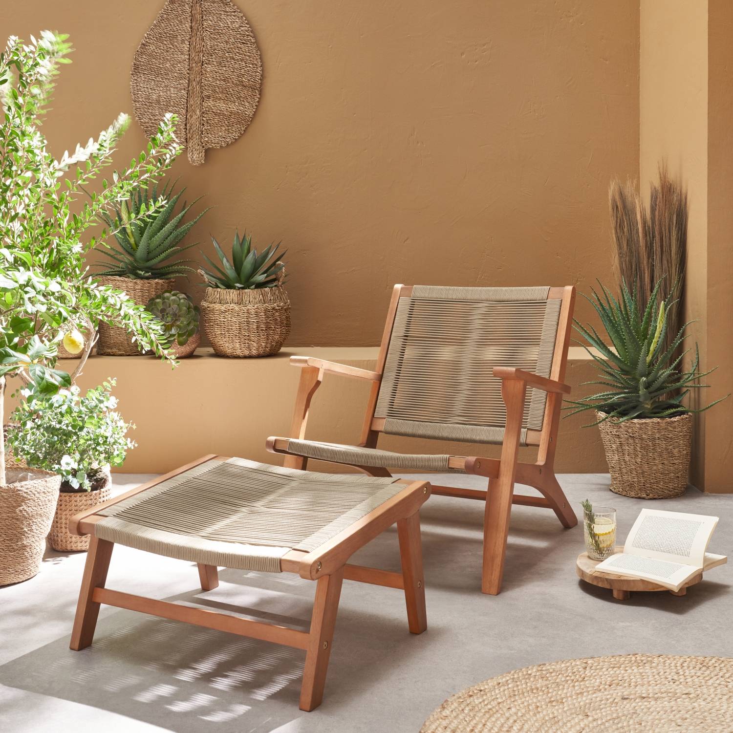 Fauteuil relax – CUZCO – Eucalyptus. Corde taupe. avec repose-pieds | sweeek - Image 1