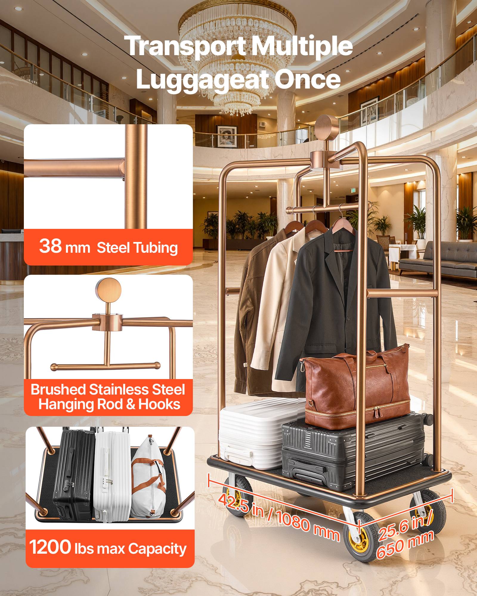 VEVOR Chariot à Bagages d'Hôtel Porte-Bagages 544,31 kg Barre Suspension Or Rose - Image 2