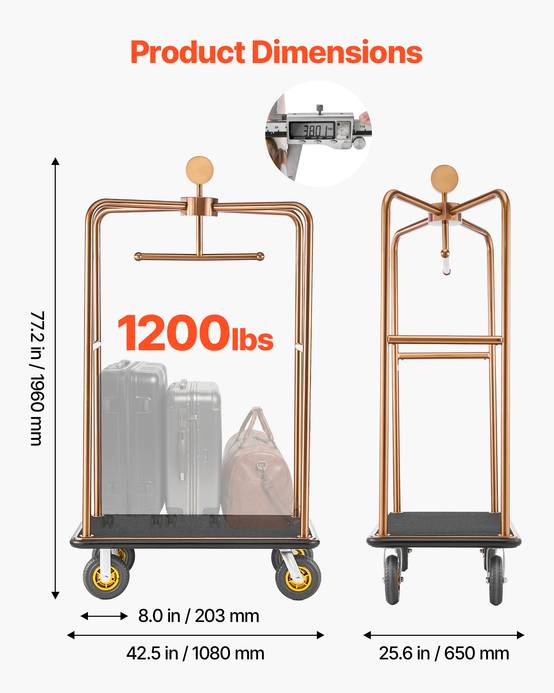 VEVOR Chariot à Bagages d'Hôtel Porte-Bagages 544,31 kg Barre Suspension Or Rose - Image 3