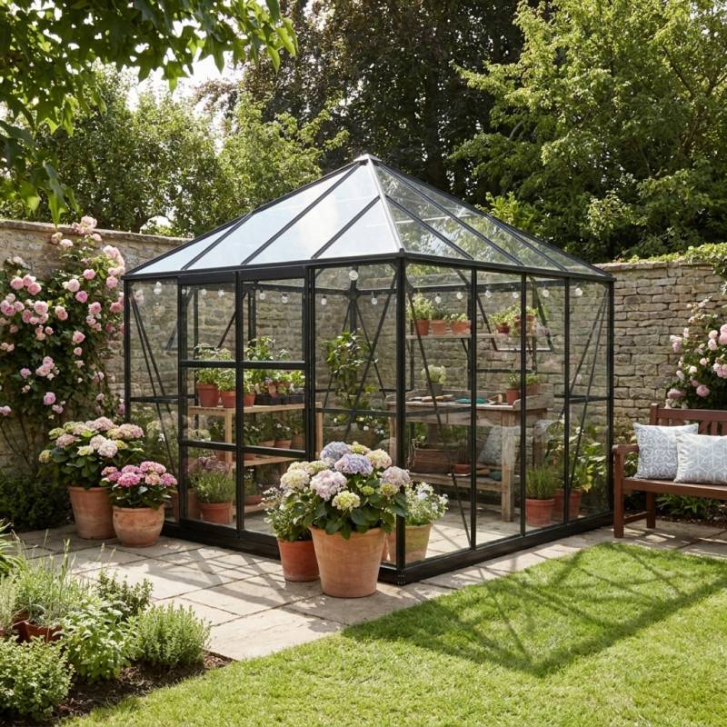Serre de jardin carrée 8,06m² aluminium noir verre trempé 4mm Duchesse Green Protect - Image 1