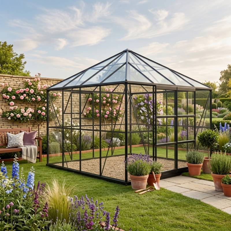 Serre de jardin carrée 8,06m² aluminium noir verre trempé 4mm Duchesse Green Protect - Image 2