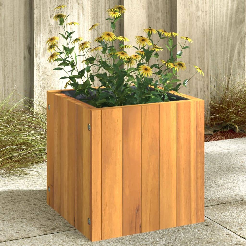 ComfortXL - Jardinière carrée Bois d'acacia massif pot de fleurs intérieur extérieur avec sac 25x25x25cm - ComfortXL Outdoor Living - Image 1