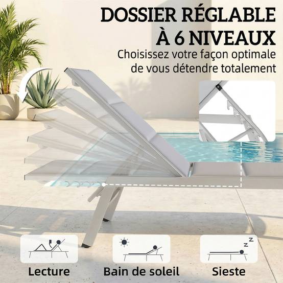 Bain de Soleil Dossier Réglable 6 Positions - 64x181x90cm Aluminium Gris Clair fr23 - Image 6