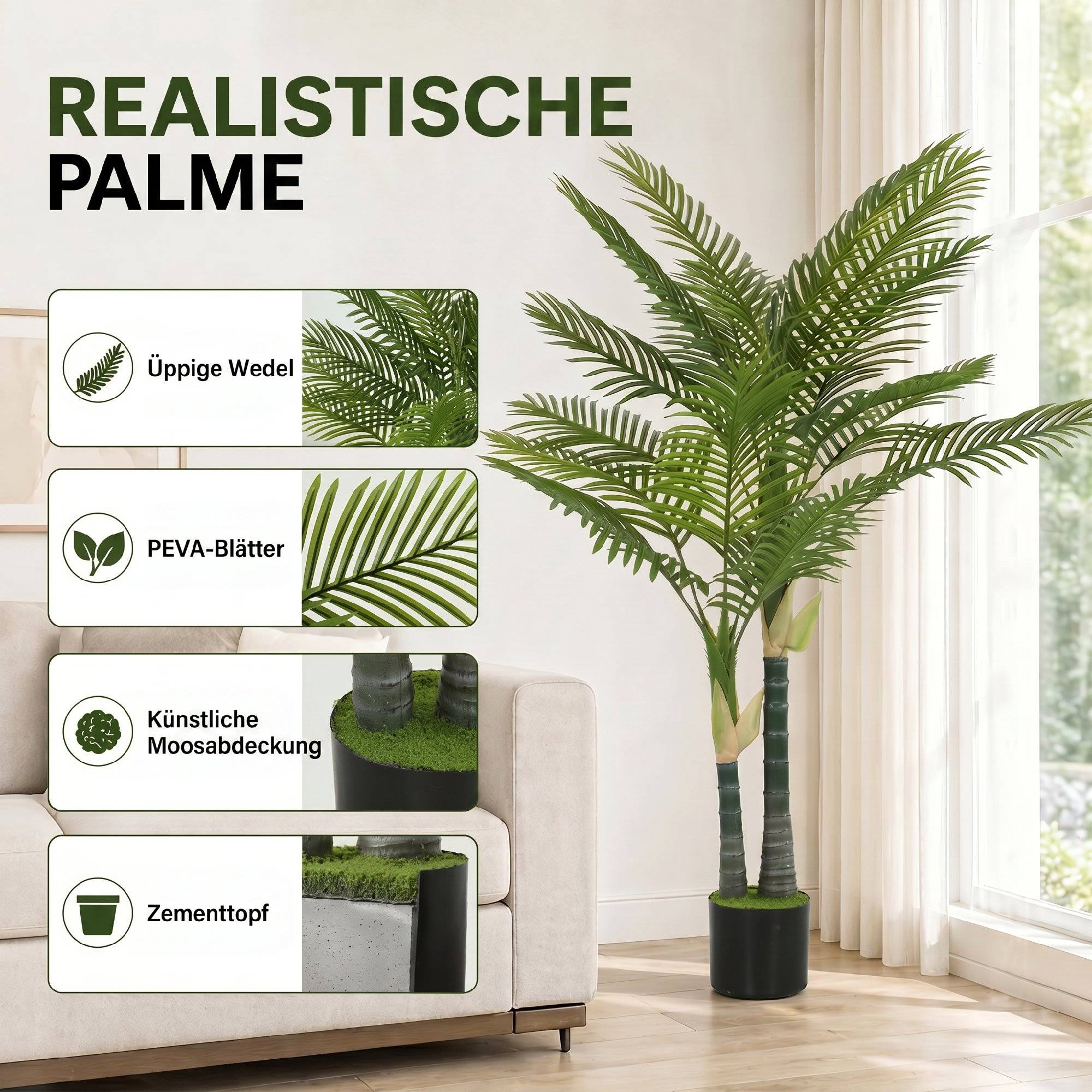 Palmier artificiel 150 cm avec 16 palmes, grande plante en pot, salon balcon déco, vert - Image 6