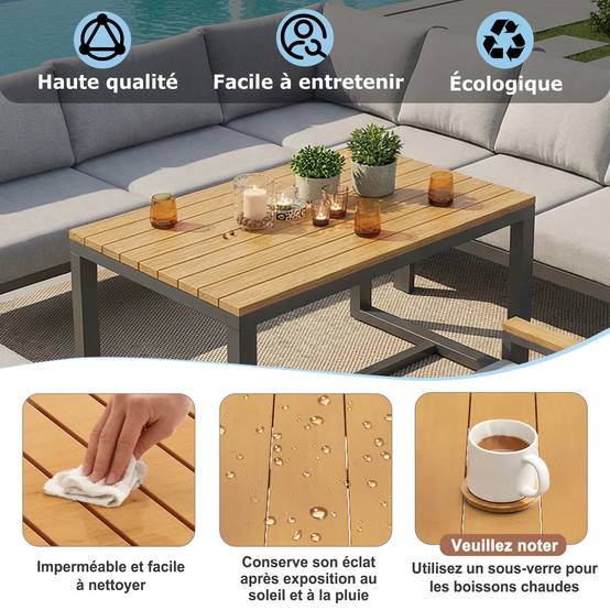 Canapé de jardin, huit places, avec table en bois, coussins, structure en fer résistante aux intempéries, gris - Image 8