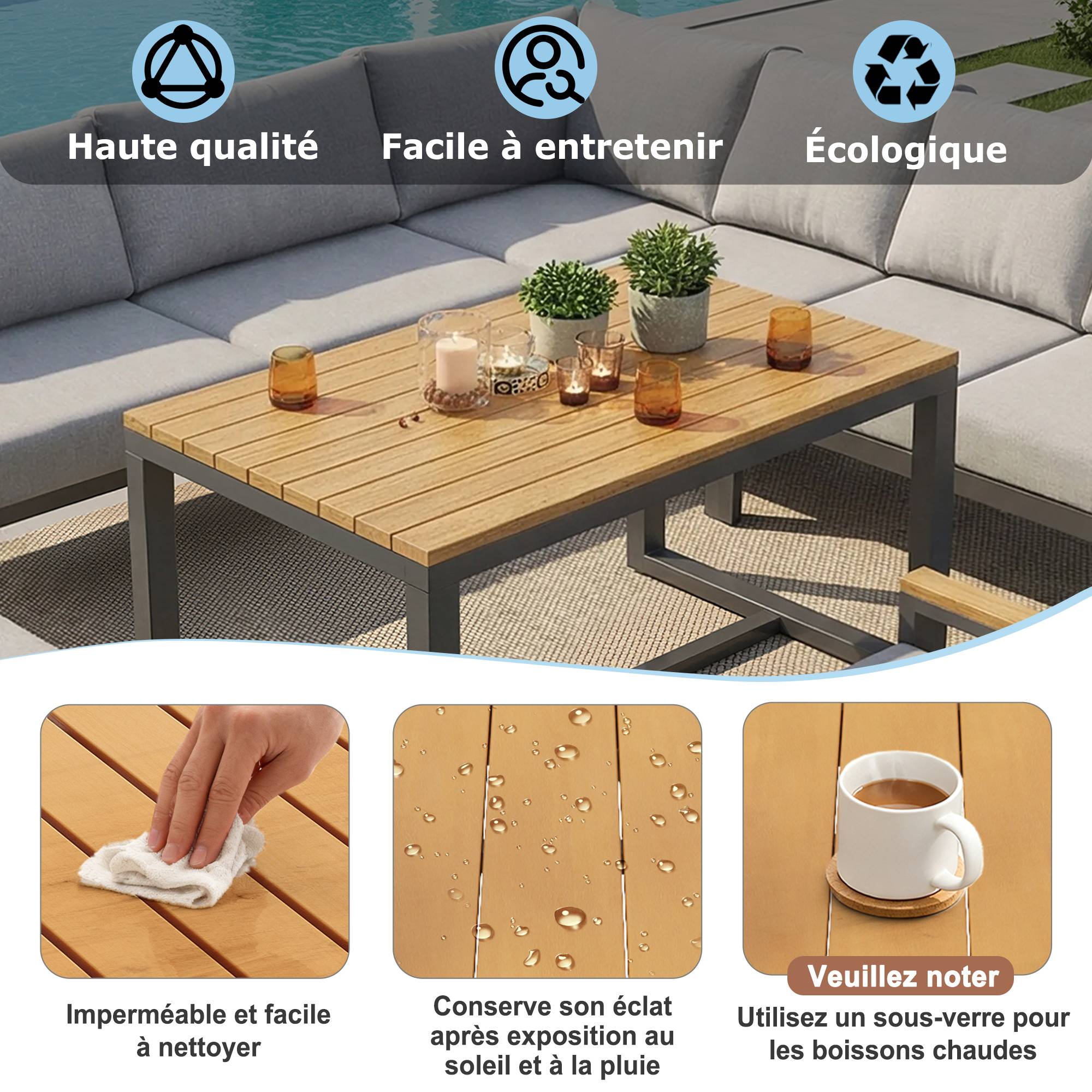 Canapé de jardin, huit places, avec table en bois, coussins, structure en fer résistante aux intempéries, gris - Image 8