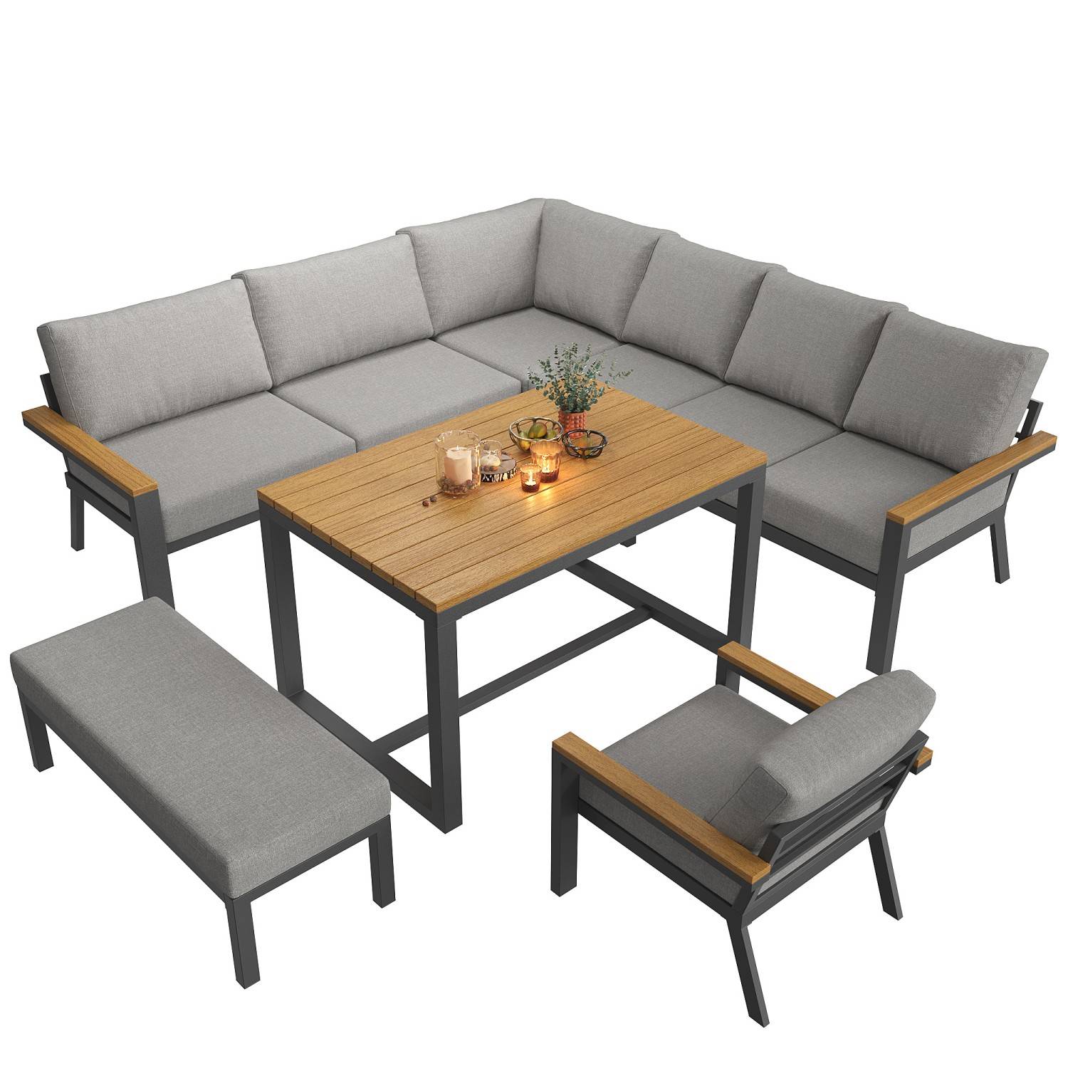 Canapé de jardin, huit places, avec table en bois, coussins, structure en fer résistante aux intempéries, gris - Image 6