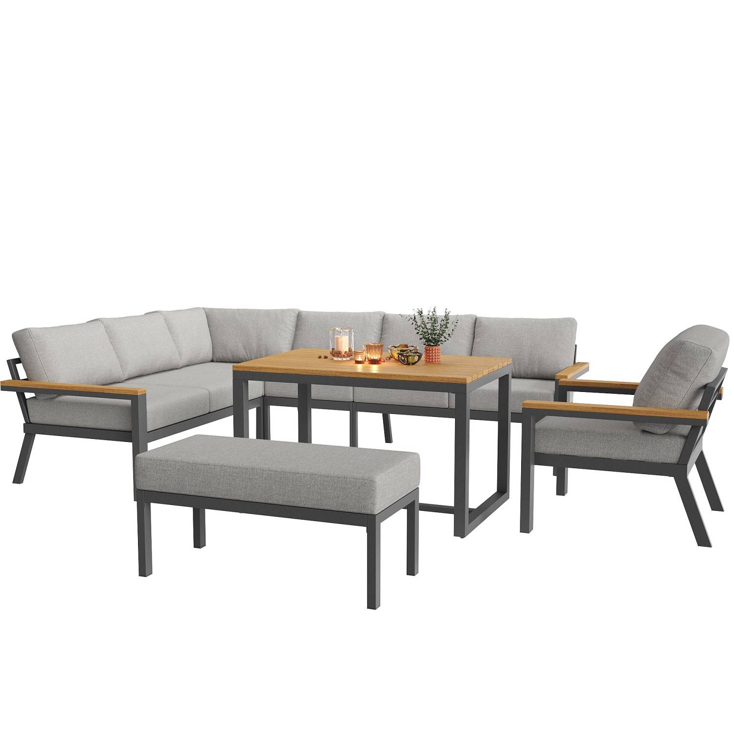 Canapé de jardin, huit places, avec table en bois, coussins, structure en fer résistante aux intempéries, gris - Image 5