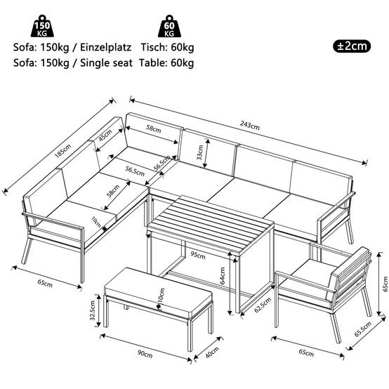 Canapé de jardin, huit places, avec table en bois, coussins, structure en fer résistante aux intempéries, gris - Image 4