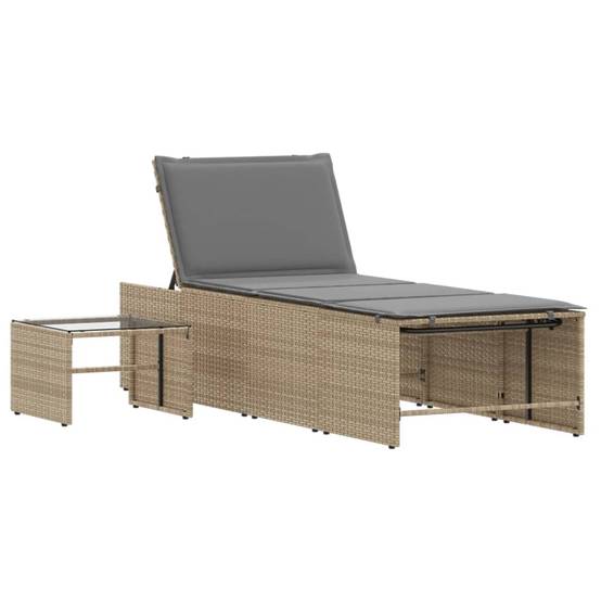 Chaises longue | Transat | Bain de soleils 2 pièces avec table en résine tressée beige - Image 5