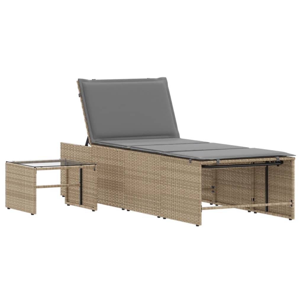 Chaises longue | Transat | Bain de soleils 2 pièces avec table en résine tressée beige - Image 5